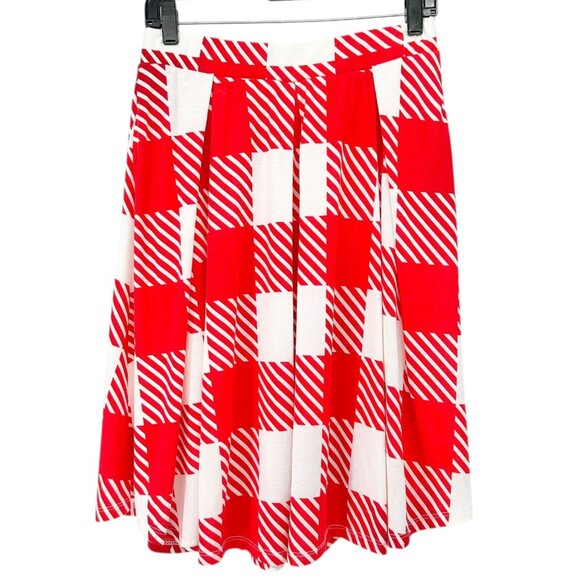 LuLaRoe A-Line Pleated Skirt Womens L Red White Checkered Soft Stretch USA Made - Picture 1 of 8